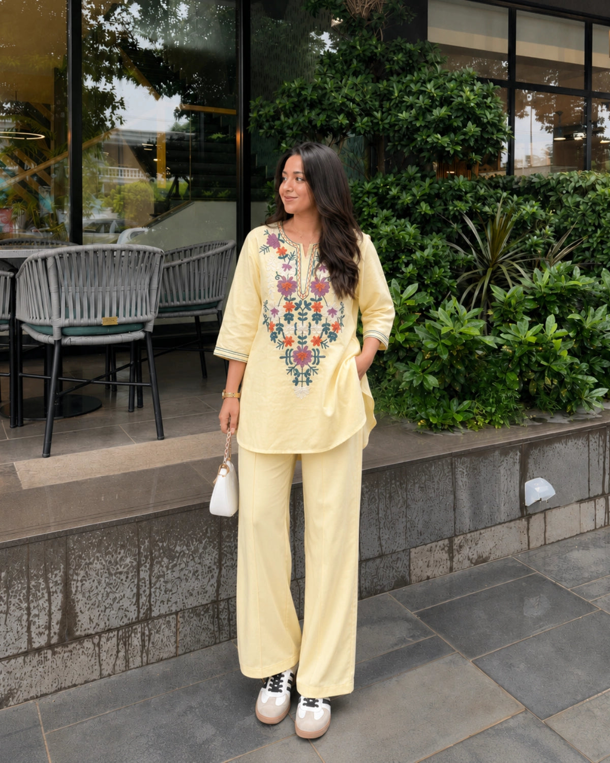 Butter Yellow Floral Embroidered Cotton Co-ord Set for Vacation Wear