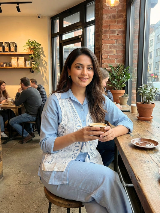 Sky Blue Cotton Co-Ord Set with Lace Shrug