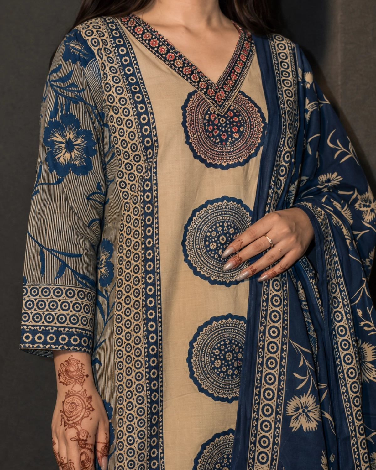 Beige Ajrakh Print Cotton Kurta Pant Dupatta for Daily Wear