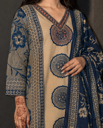 Beige Ajrakh Print Cotton Kurta Pant Dupatta for Daily Wear