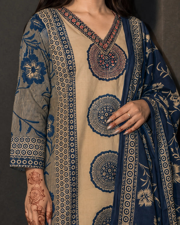 Beige Ajrakh Print Cotton Kurta Pant Dupatta for Daily Wear — image 2