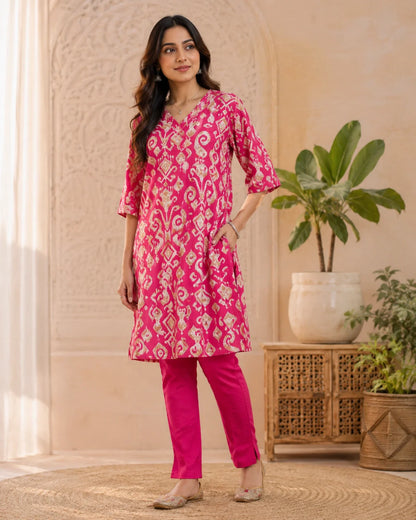 Rani Pink Ikat Print Rayon Kurta Pant Set for Daily Wear