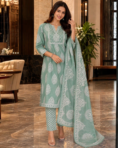 Sage Green Block Print Cotton Unstitched Suit for Daily Wear