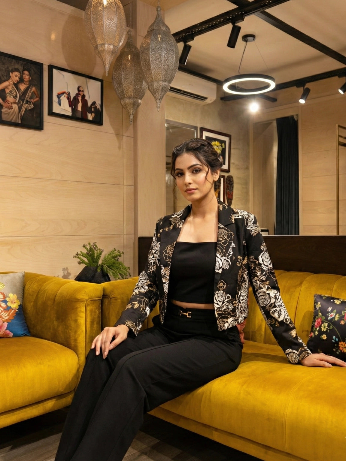 Black Floral Printed Crop Blazer & Trousers Set