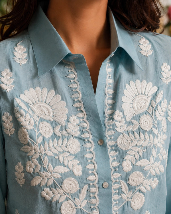 Powder Blue Chikankari Embroidered Muslin Shirt for Office Wear — image 2