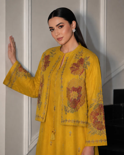 Mustard Embroidered Cotton Kurta with Jacket for Office Wear