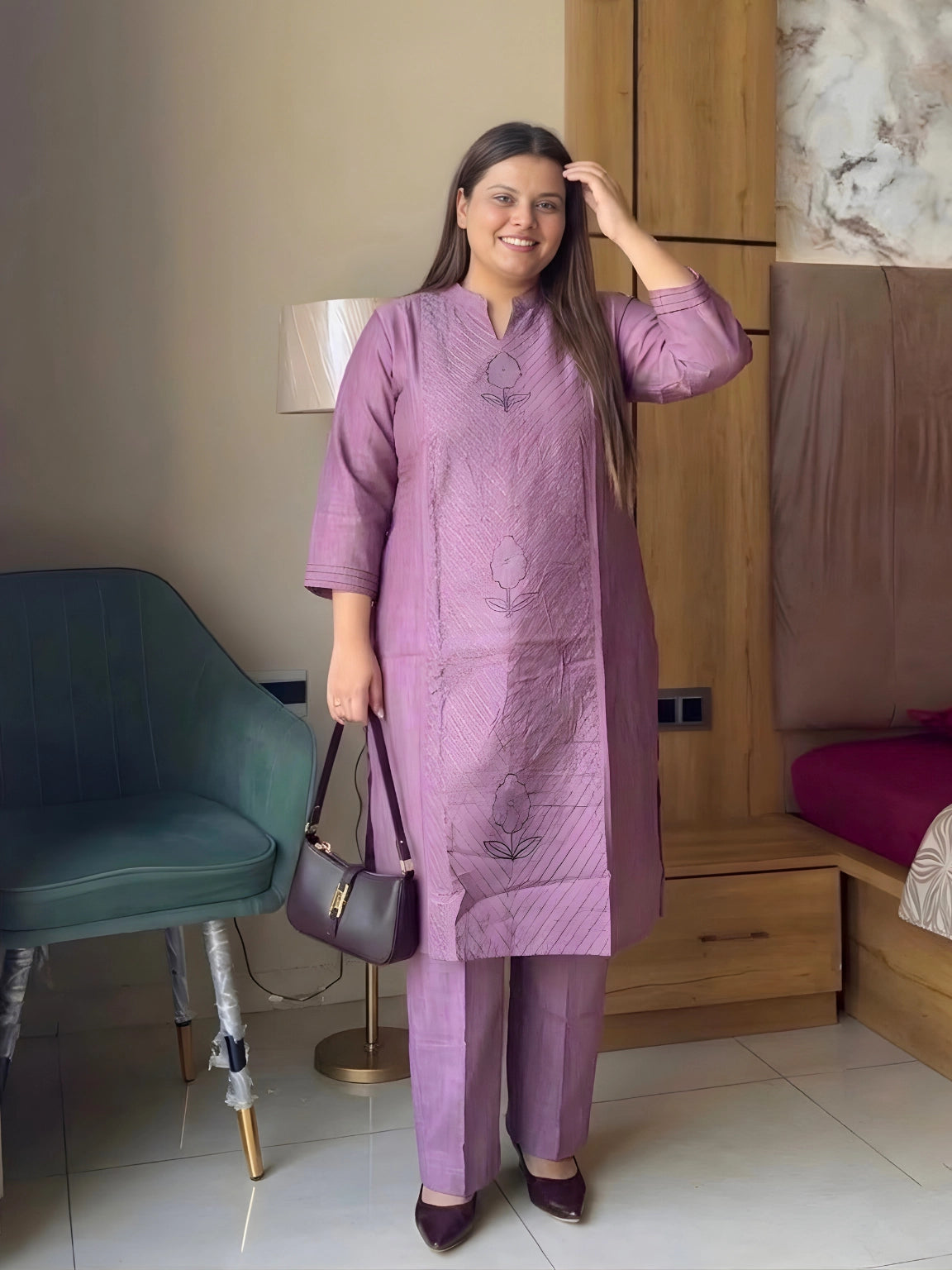 Elegant Lavender Embroidered Kurta Pant Set