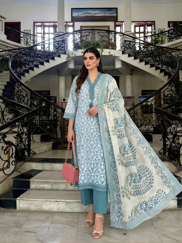 Powder Blue Floral Printed Kurta Set with Dupatta