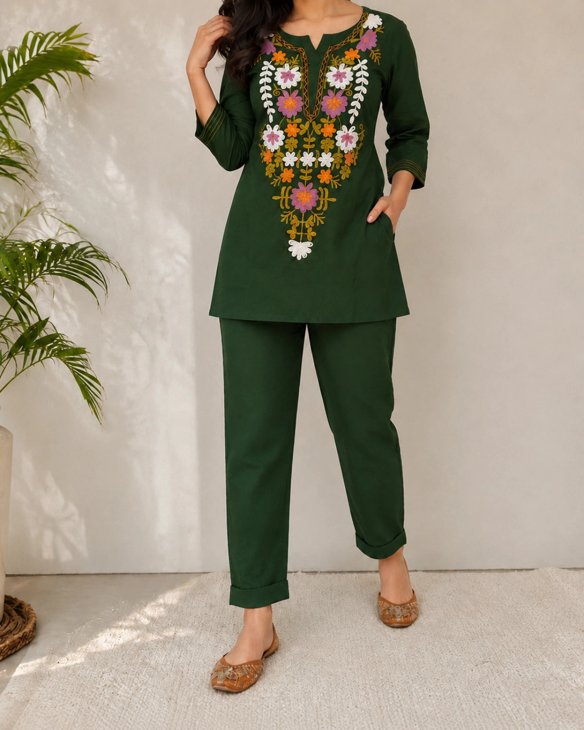 Floral Thread Work Cotton Co-ord Set with Notch Neck for Vacation Wear