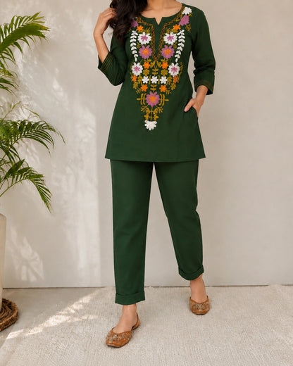 Floral Thread Work Cotton Co-ord Set with Notch Neck for Vacation Wear