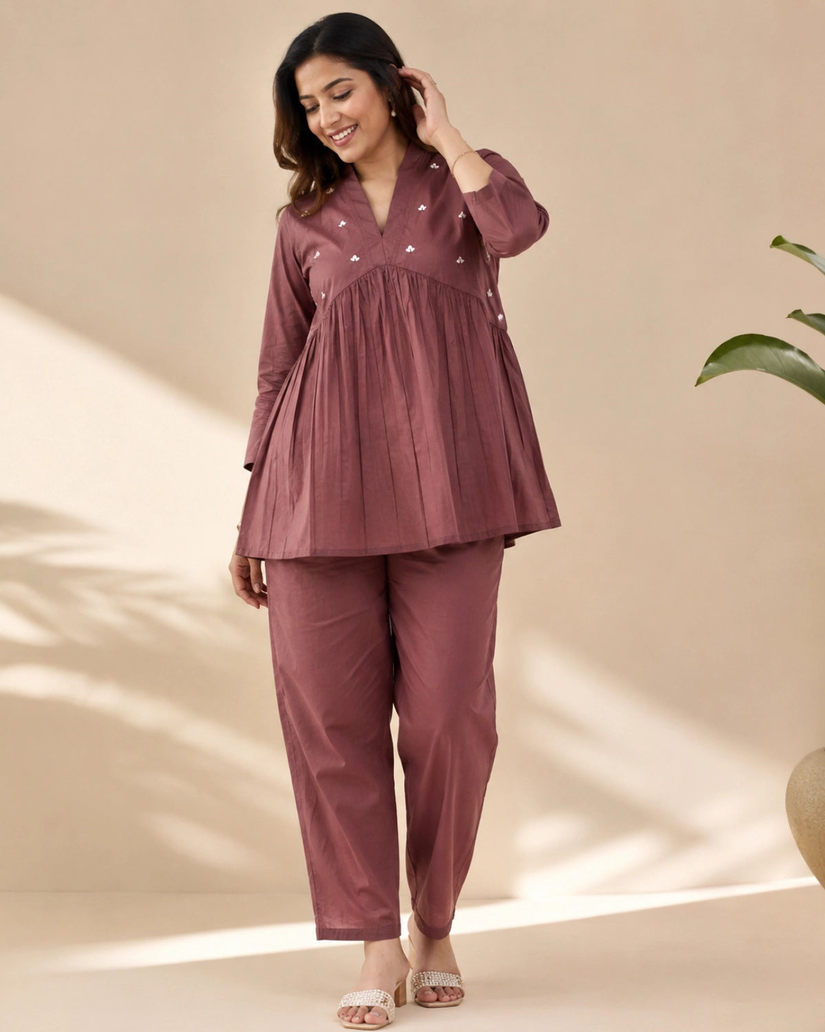 Mirror Work Cotton Co-ord Set with V Neck for Vacation Wear