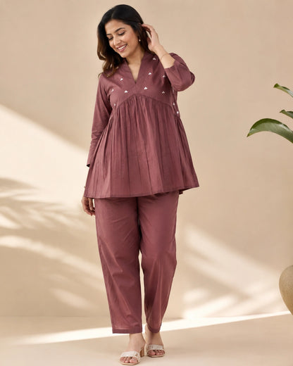 Mirror Work Cotton Co-ord Set with V Neck for Vacation Wear
