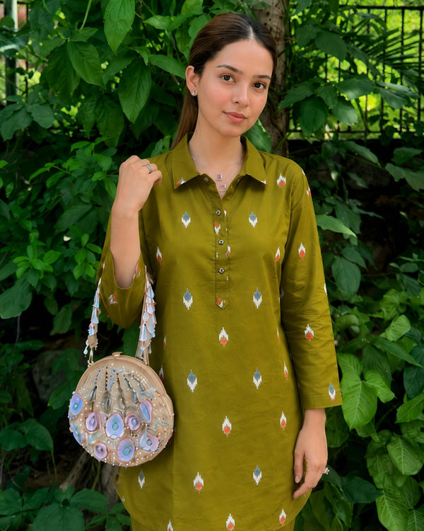 Olive Green Ikat Cotton Co-ord Set with Shirt Collar for Daily Wear — image 2