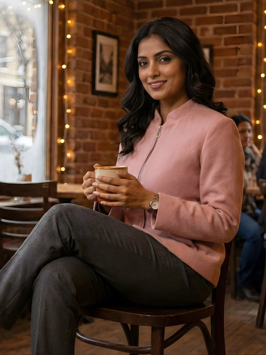 Blush Pink Zip-Up Stand Collar Jacket