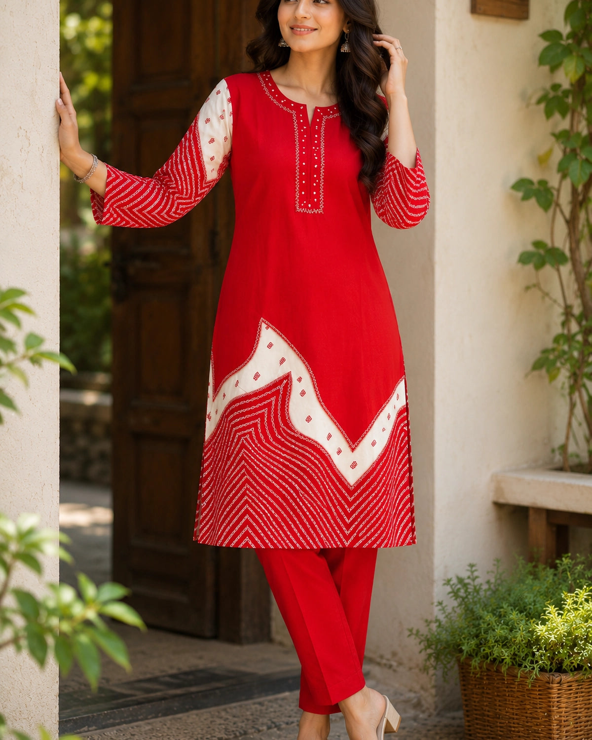 Red Bandhani Border Rayon Kurta Pant Set with Embroidery