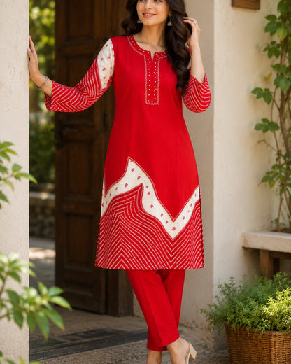 Red Bandhani Border Rayon Kurta Pant Set with Embroidery