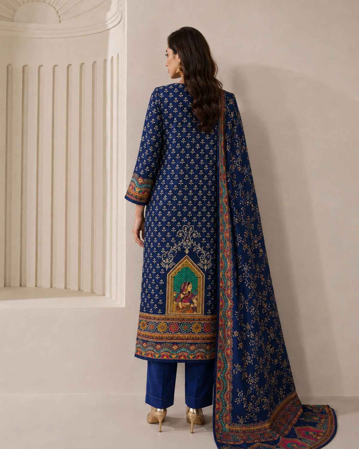 Navy Blue Ethnic Miniature Print Crepe Kurta Pant Dupatta Set