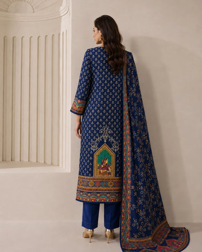 Navy Blue Ethnic Miniature Print Crepe Kurta Pant Dupatta Set