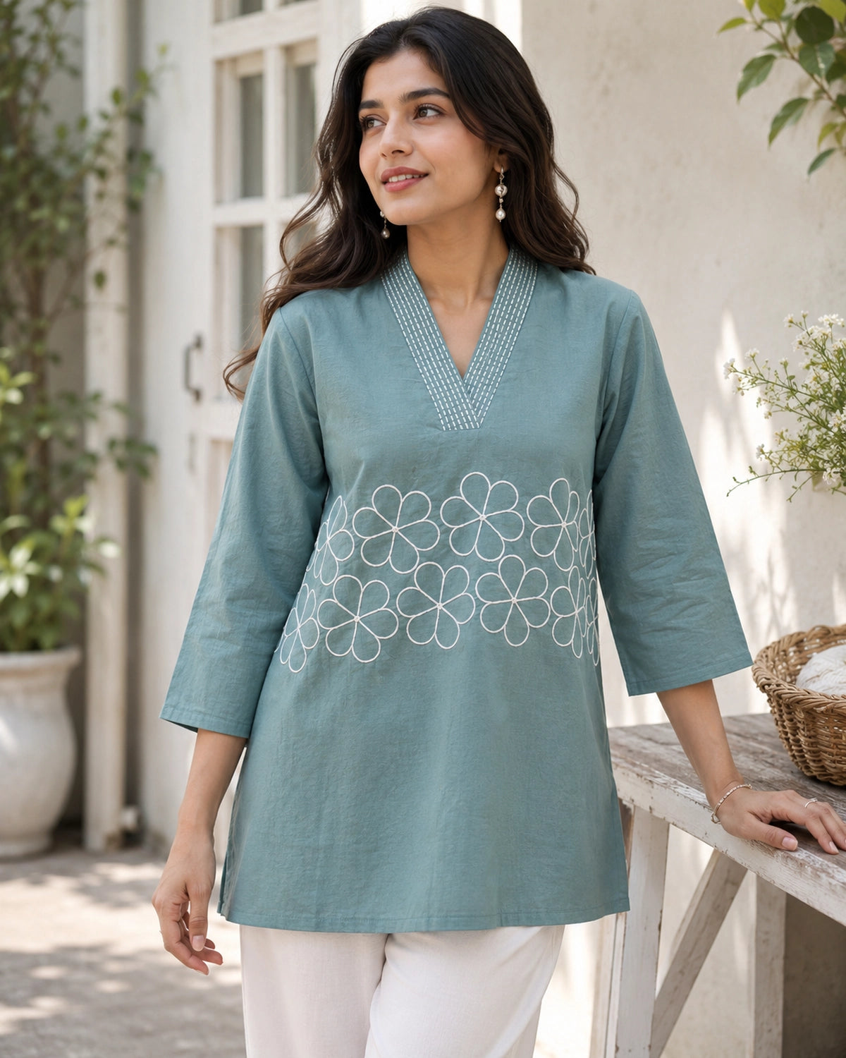 Embroidered V-Neck Three-Quarter Sleeve Cotton Kurti