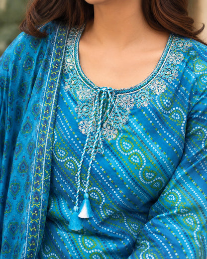 Blue Bandhani Stripe Print Cotton Kurta Pant Dupatta Set
