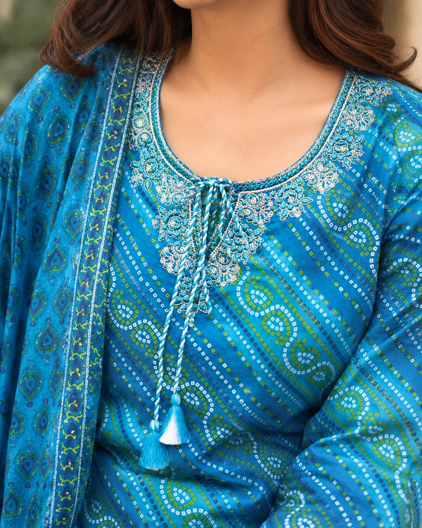 Blue Bandhani Stripe Print Cotton Kurta Pant Dupatta Set — image 3