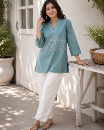 Embroidered V-Neck Three-Quarter Sleeve Cotton Kurti
