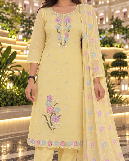 Pastel Floral Pearl Embroidered Mul Chanderi Kurti Pant Dupatta Set