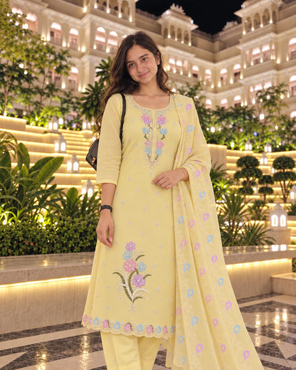 Pastel Floral Pearl Embroidered Mul Chanderi Kurti Pant Dupatta Set