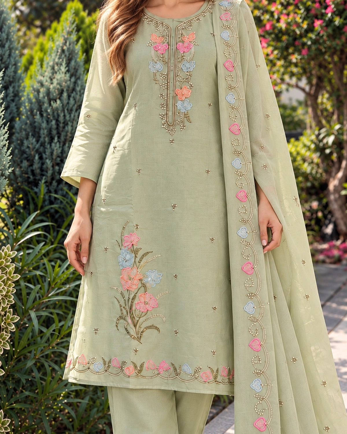 Pastel Floral Pearl Embroidered Mul Chanderi Kurti Pant Dupatta Set