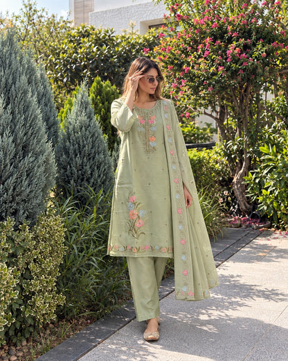 Pastel Floral Pearl Embroidered Mul Chanderi Kurti Pant Dupatta Set
