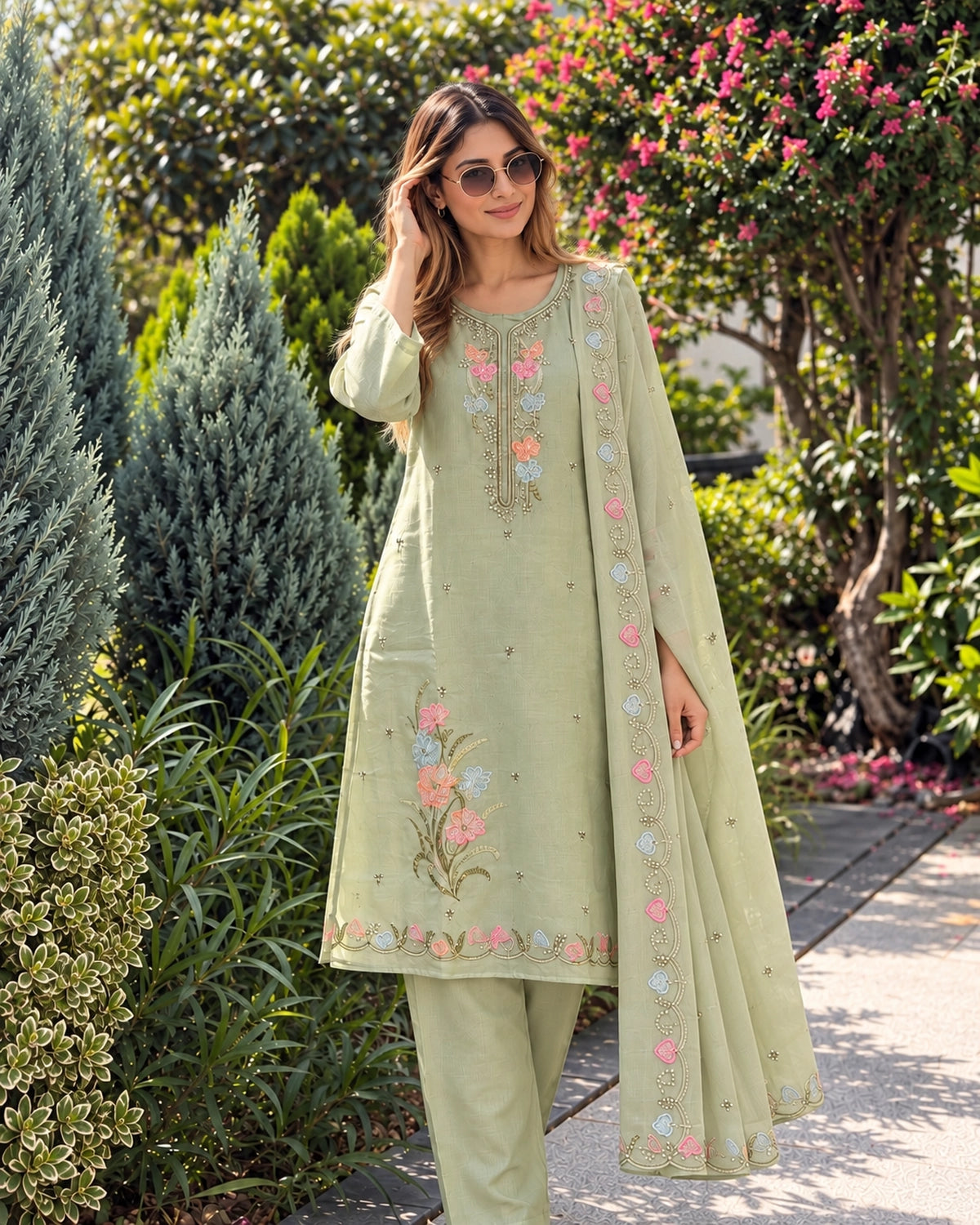Pastel Floral Pearl Embroidered Mul Chanderi Kurti Pant Dupatta Set