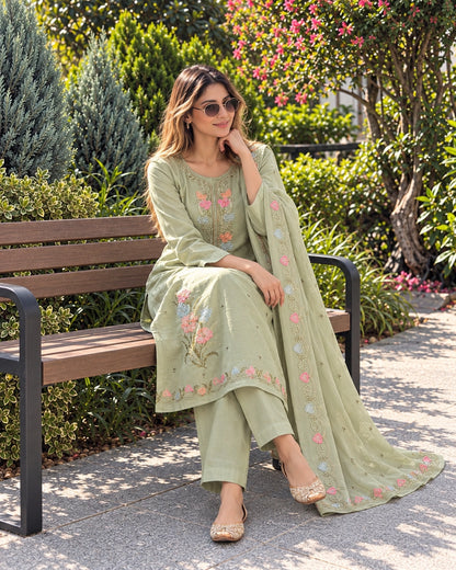 Pastel Floral Pearl Embroidered Mul Chanderi Kurti Pant Dupatta Set