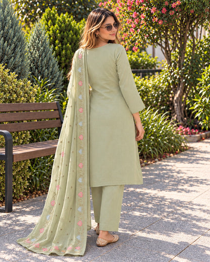 Pastel Floral Pearl Embroidered Mul Chanderi Kurti Pant Dupatta Set