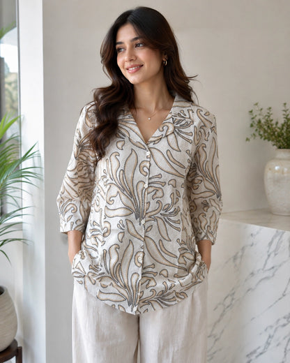 Floral Print Collared Three-Quarter Sleeve Cotton Kurti