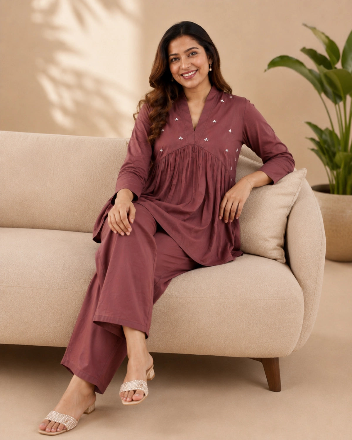 Mirror Work Cotton Co-ord Set with V Neck for Vacation Wear
