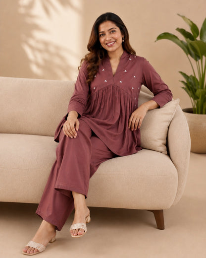 Mirror Work Cotton Co-ord Set with V Neck for Vacation Wear