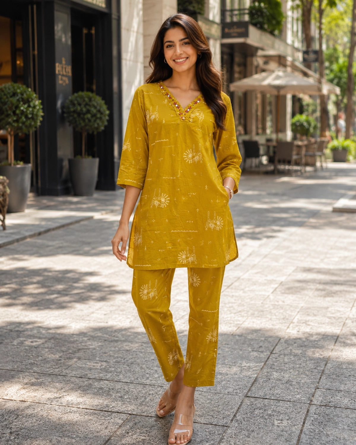 Warli Print Cotton Co-ord Set with V Neck for Daily Wear
