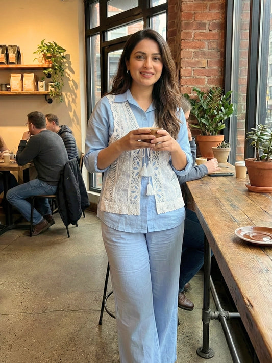 Sky Blue Cotton Co-Ord Set with Lace Shrug