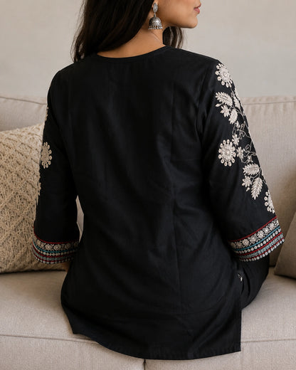 Black Floral Embroidered Cotton Co-Ord Set for Daily Wear