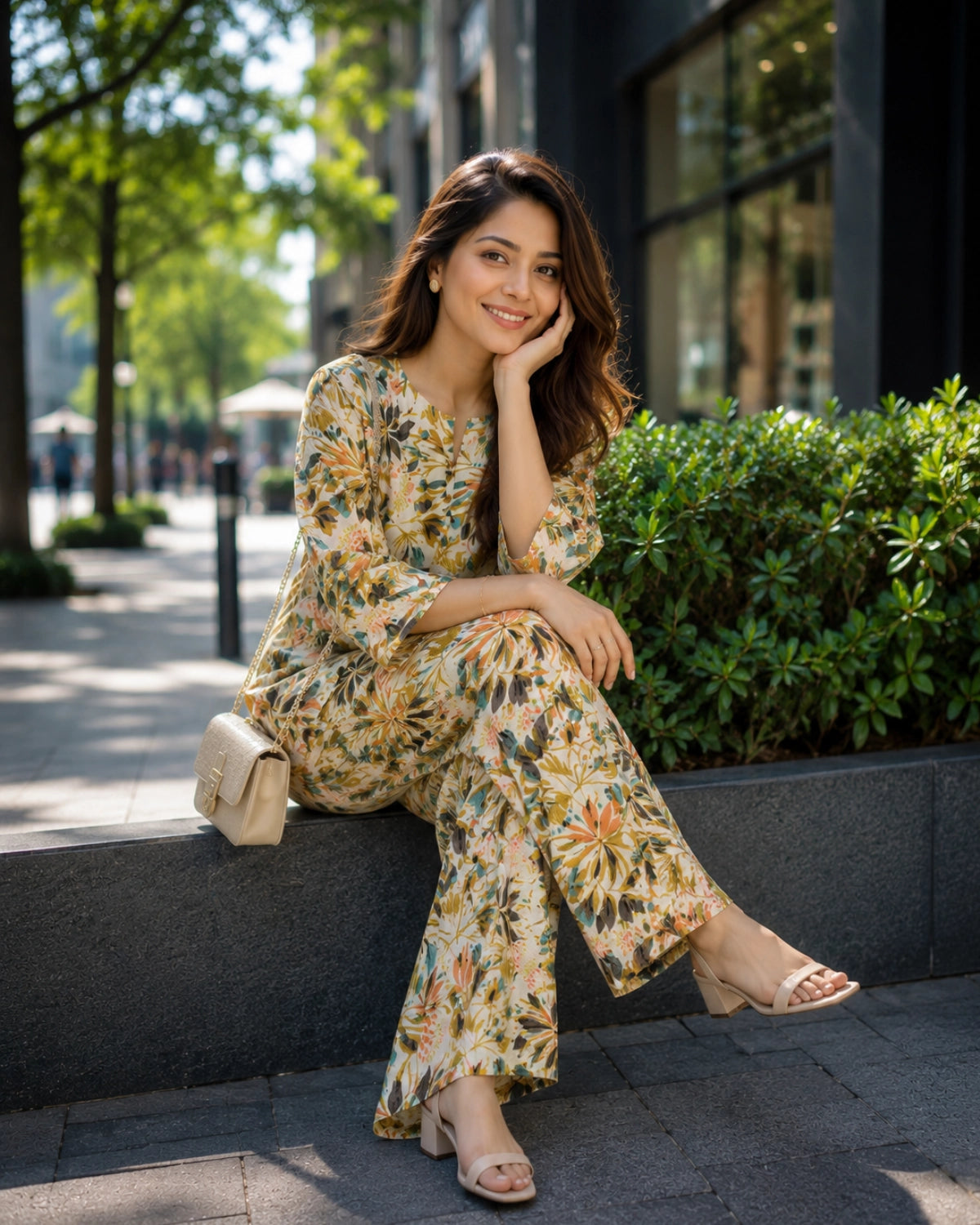 Cream Floral Print Cotton Co-ord Set for Daily Wear