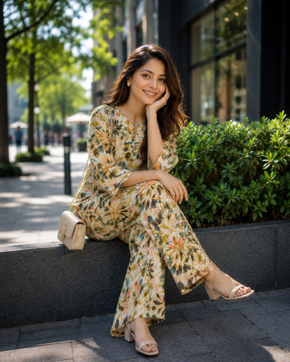 Cream Floral Print Cotton Co-ord Set for Daily Wear