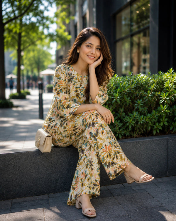 Cream Floral Print Cotton Co-ord Set for Daily Wear