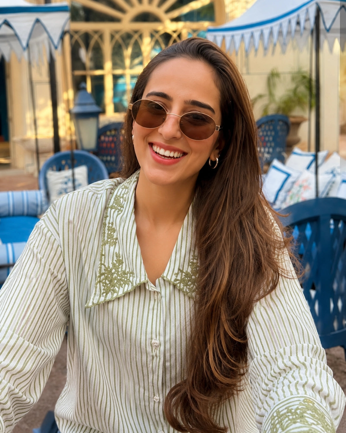 Sage Striped Imported Shirt with Statement Collar for Vacation Wear