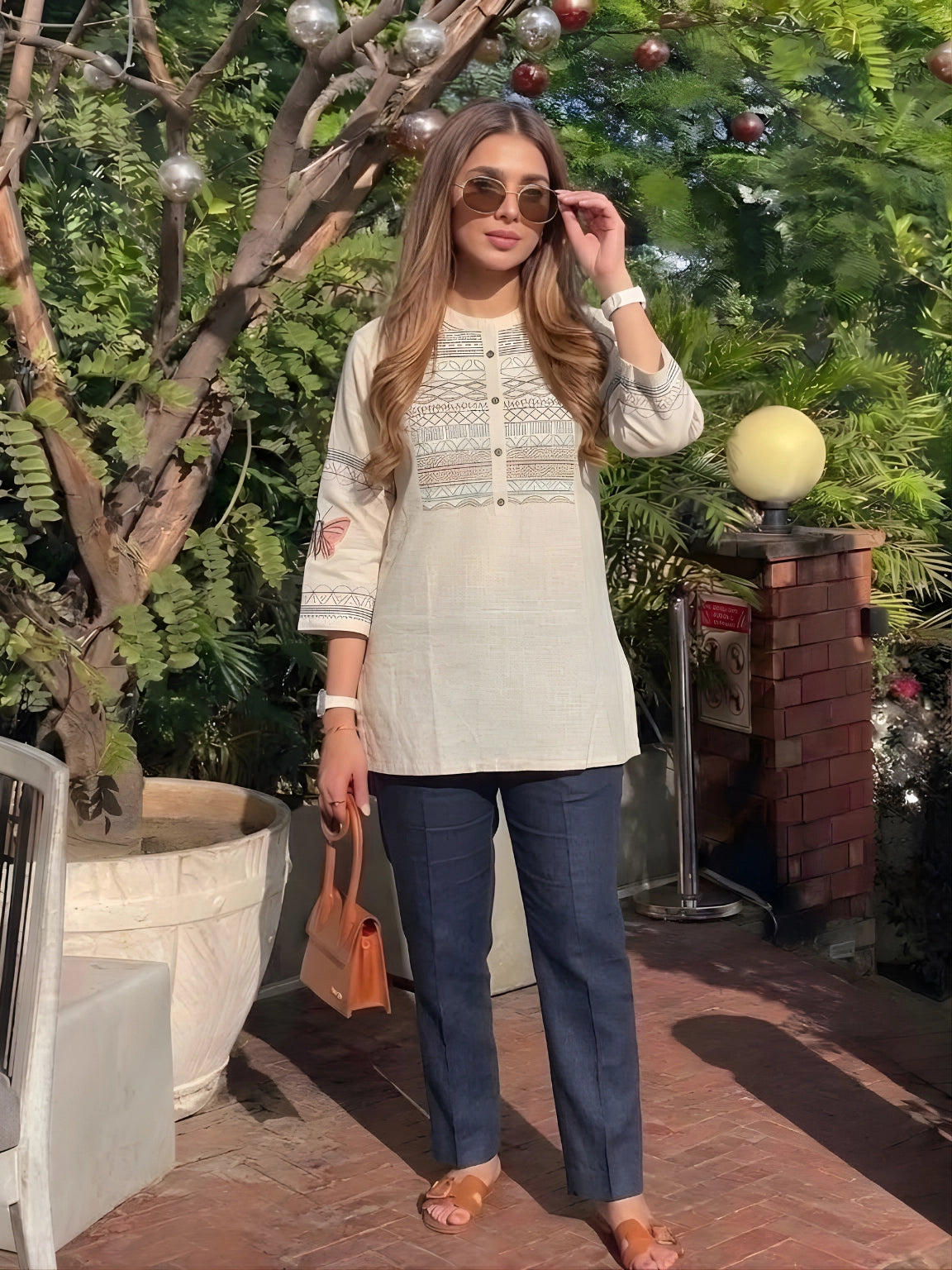 Off-White Embroidered Cotton Kurti