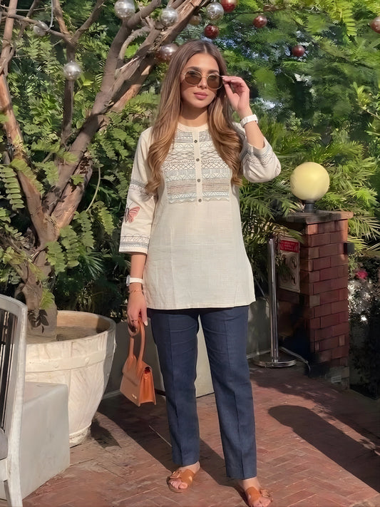 Off-White Embroidered Cotton Kurti