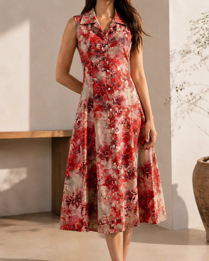 Floral Print Sleeveless Collared Rayon Midi Dress for Vacation
