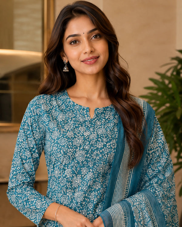 Teal Block Print Cotton Unstitched Suit for Daily Wear — image 2
