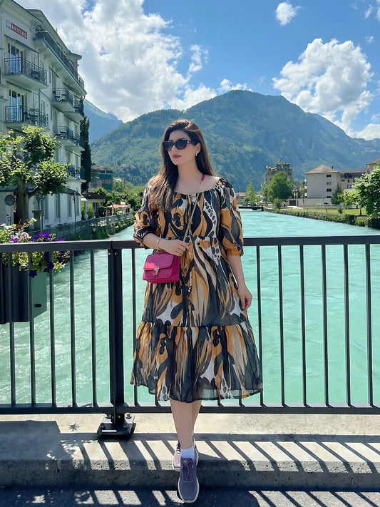 Mustard and Olive Abstract Print Tiered Midi Dress