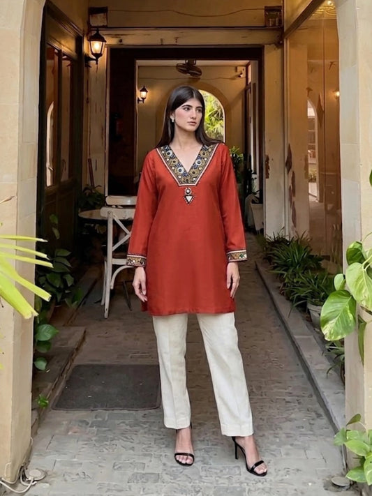 Rust Embroidered V-Neck Kurti