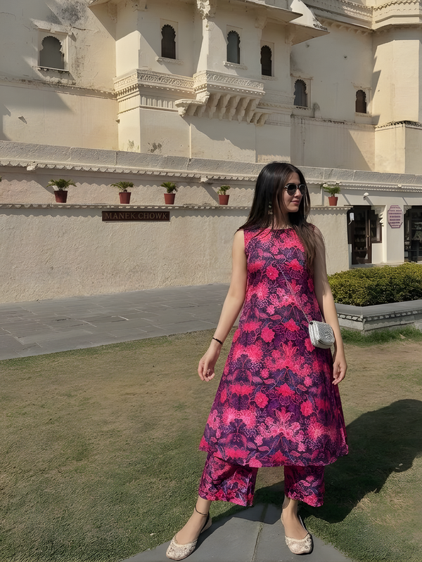 Vibrant Pink and Purple Floral Kurta Pant Set — image 2